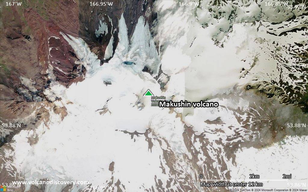 Satellite/aerial-type map of Makushin volcano (scale of approx. 10-20 km)