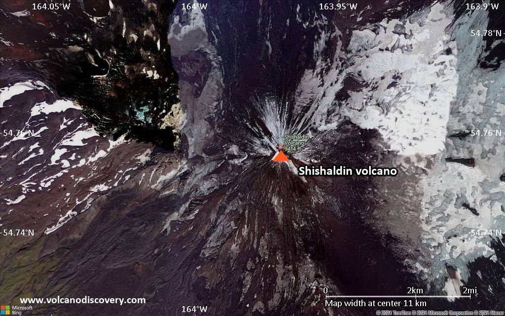 Satellite/aerial-type map of Shishaldin volcano (scale of approx. 10-20 km)