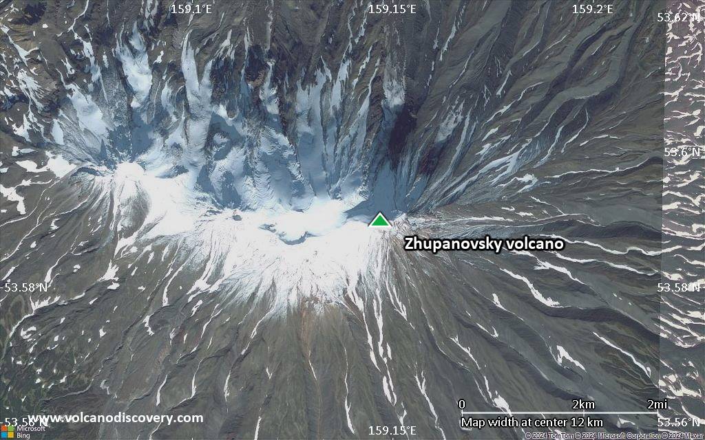 Satellite/aerial-type map of Zhupanovsky volcano (scale of approx. 10-20 km)