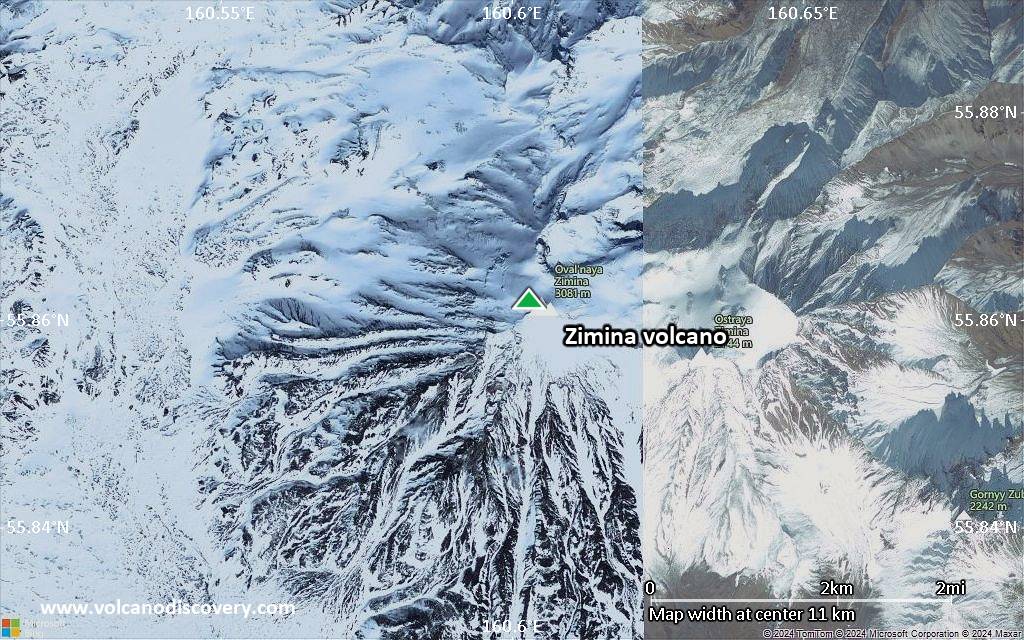 Satellite/aerial-type map of Zimina volcano (scale of approx. 10-20 km)