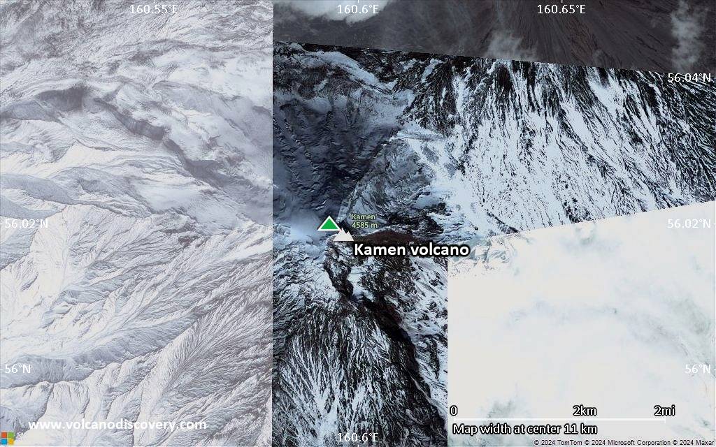 Satellite/aerial-type map of Kamen volcano (scale of approx. 10-20 km)