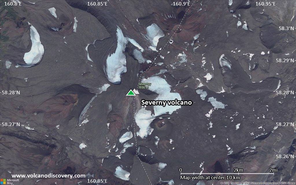 Satellite/aerial-type map of Severny volcano (scale of approx. 10-20 km)