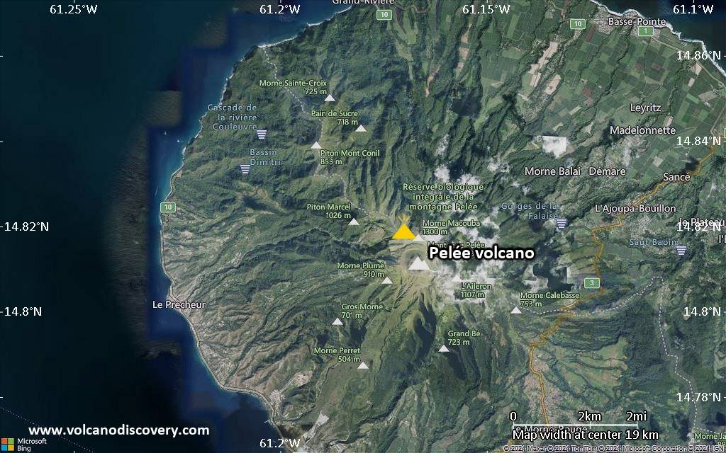 Satellite/aerial-type map of Pelée volcano (scale of approx. 10-20 km)