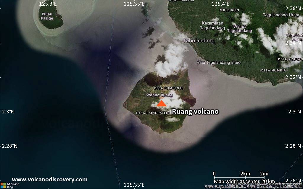 Satellite/aerial-type map of Ruang volcano (scale of approx. 10-20 km)