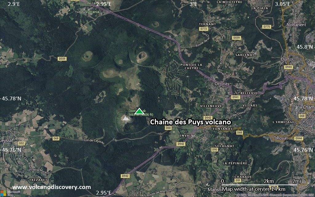 Satellite/aerial-type map of Chaîne des Puys volcano (scale of approx. 10-20 km)