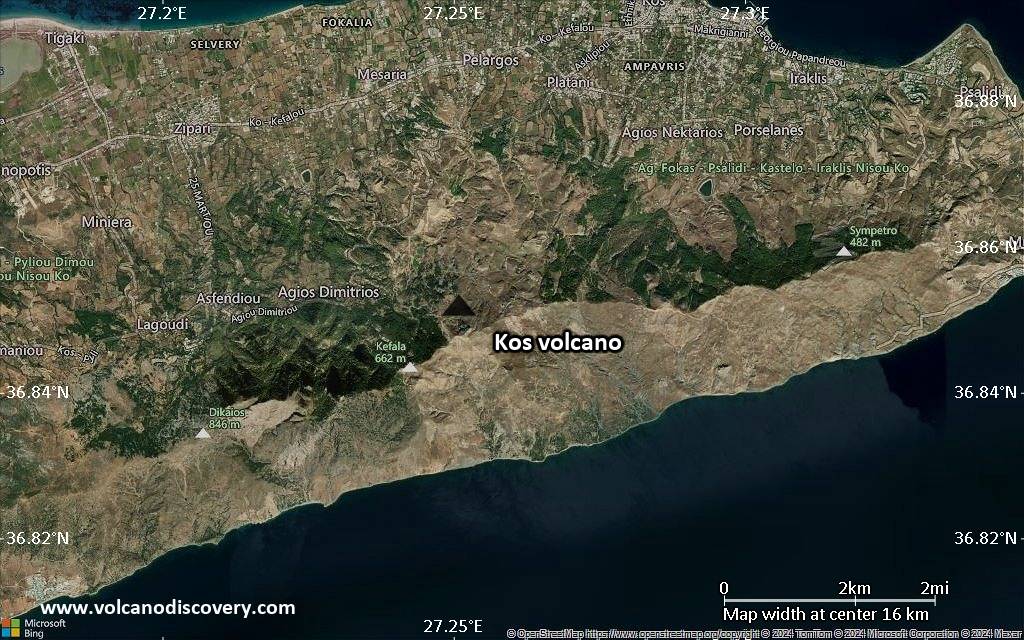 Satellite/aerial-type map of Kos volcano (scale of approx. 10-20 km)