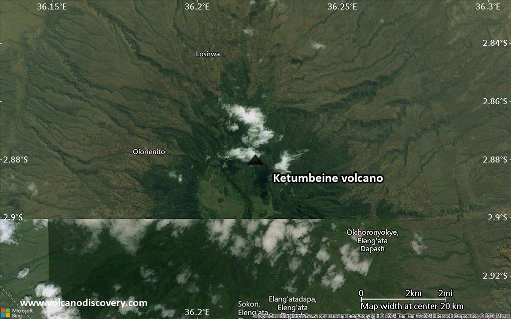 Satellite/aerial-type map of Ketumbeine volcano (scale of approx. 10-20 km)