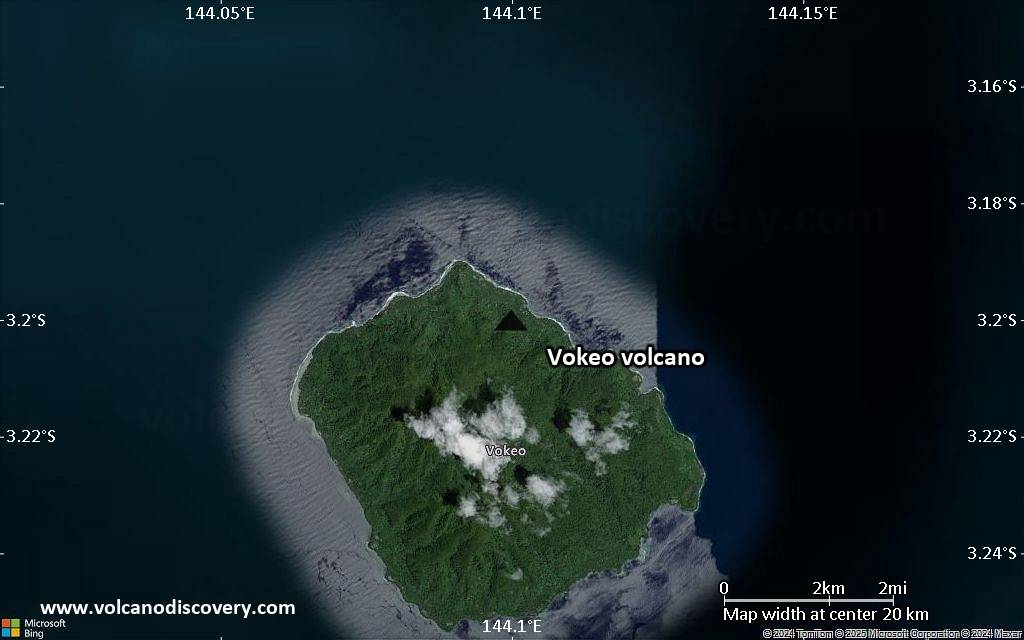 Satellite/aerial-type map of Vokeo volcano (scale of approx. 10-20 km)