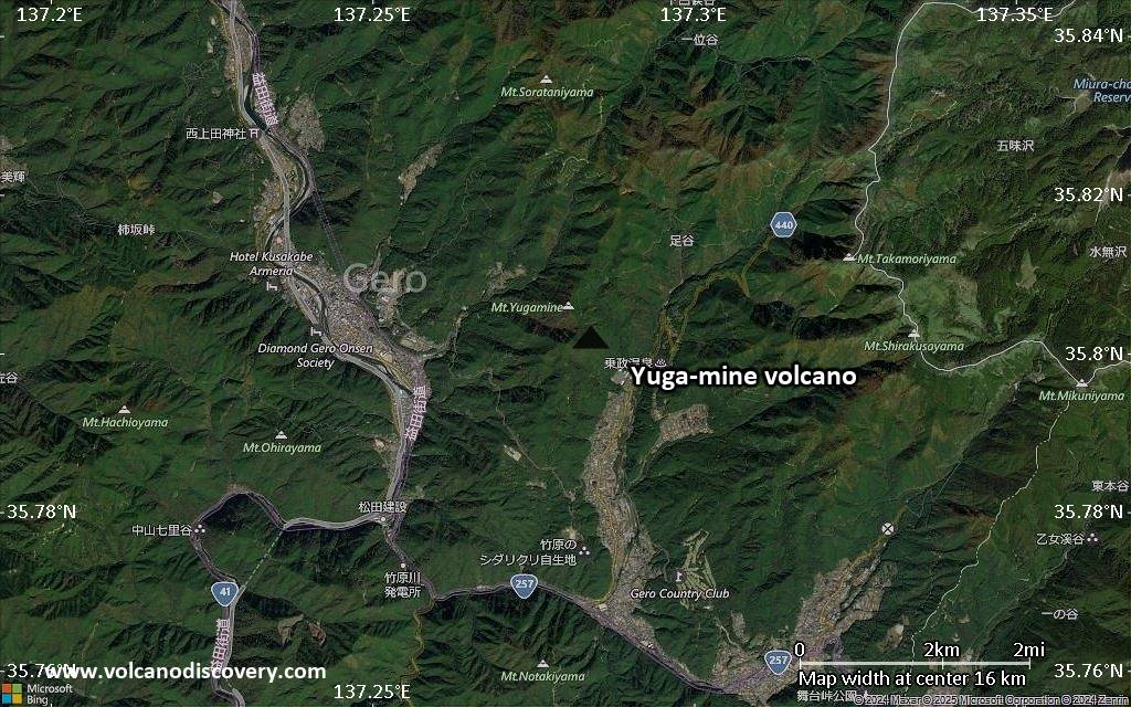 Satellite/aerial-type map of Yuga-mine volcano (scale of approx. 10-20 km)