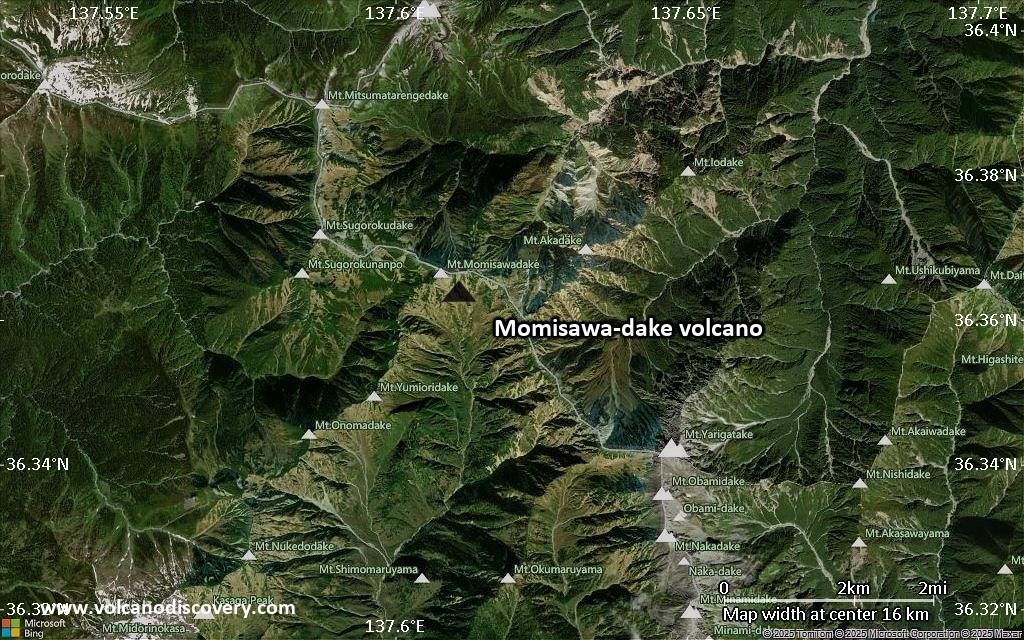 Satellite/aerial-type map of Momisawa-dake volcano (scale of approx. 10-20 km)