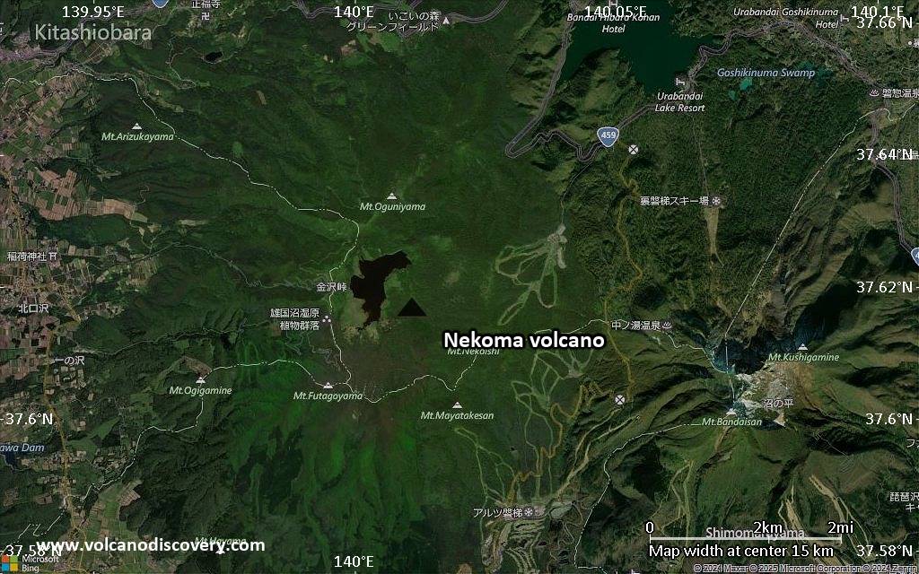 Satellite/aerial-type map of Nekoma volcano (scale of approx. 10-20 km)