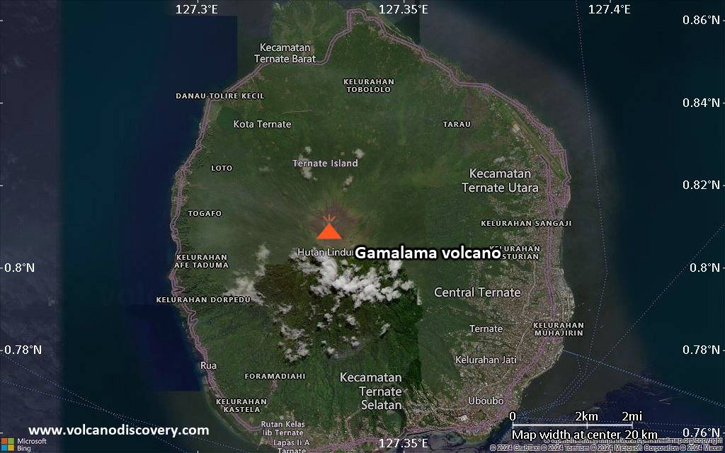 Satellite/aerial-type map of Gamalama volcano (scale of approx. 10-20 km)