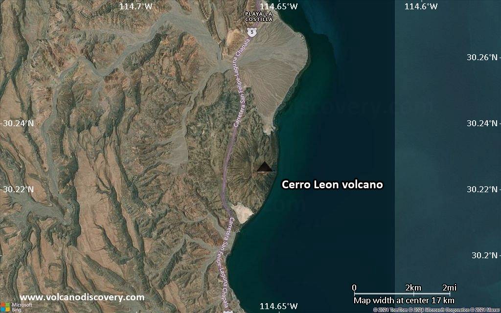 Satellite/aerial-type map of Cerro Leon volcano (scale of approx. 10-20 km)
