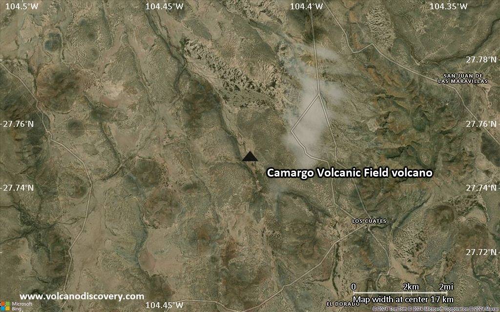 Satellite/aerial-type map of Camargo Volcanic Field volcano (scale of approx. 10-20 km)
