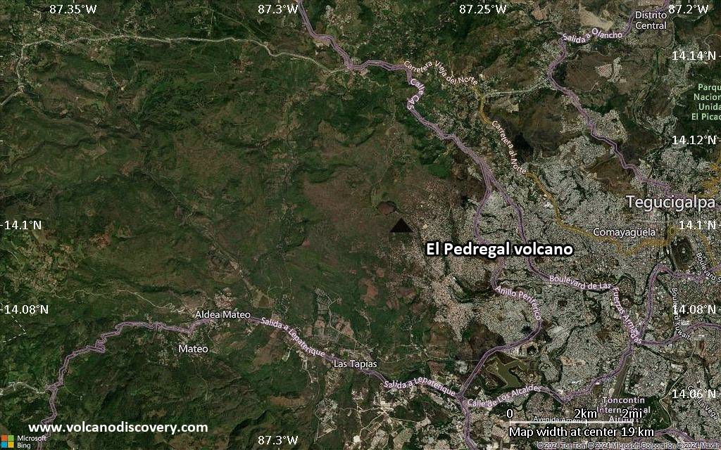 Satellite/aerial-type map of El Pedregal volcano (scale of approx. 10-20 km)