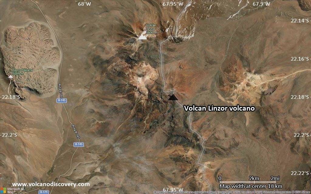 Satellite/aerial-type map of Volcan Linzor volcano (scale of approx. 10-20 km)