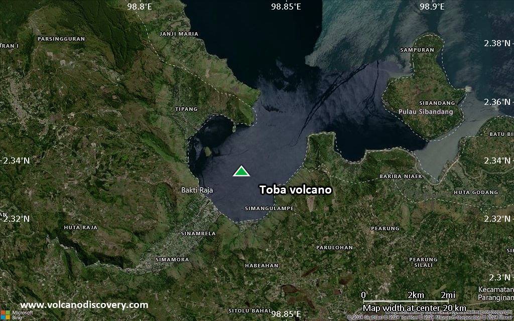 Satellite/aerial-type map of Toba volcano (scale of approx. 10-20 km)