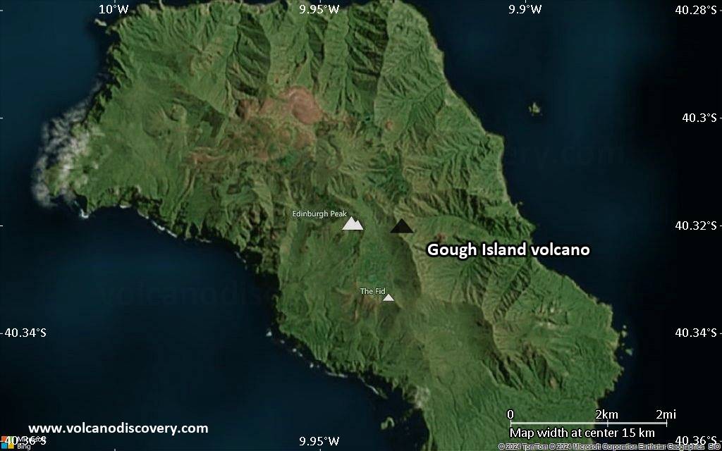 Satellite/aerial-type map of Gough Island volcano (scale of approx. 10-20 km)