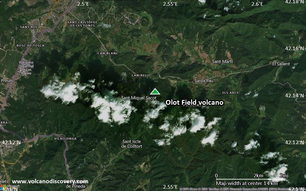 Satellite/aerial-type map of Olot Field volcano (scale of approx. 10-20 km)