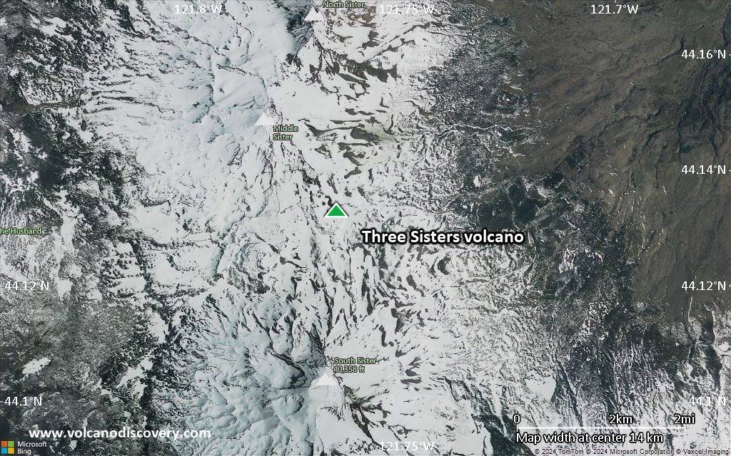 Satellite/aerial-type map of Three Sisters volcano (scale of approx. 10-20 km)