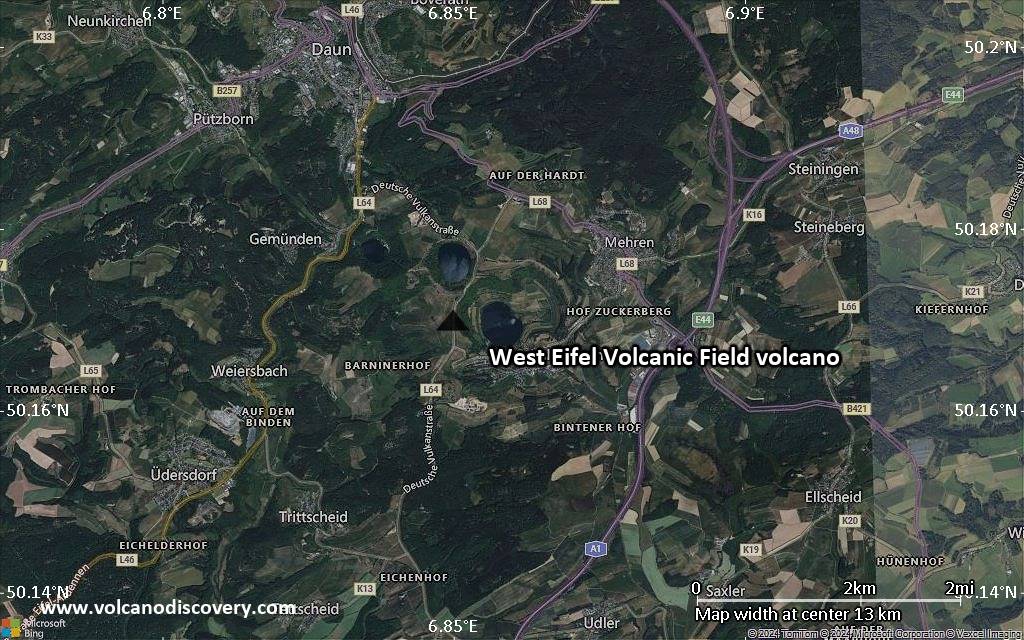 Satellite/aerial-type map of West Eifel Volcanic Field volcano (scale of approx. 10-20 km)