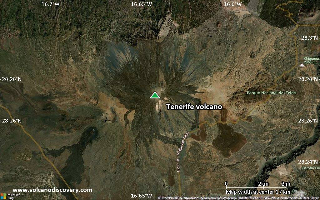 Satellite/aerial-type map of Tenerife volcano (scale of approx. 10-20 km)