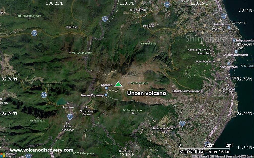 Satellite/aerial-type map of Unzen volcano (scale of approx. 10-20 km)