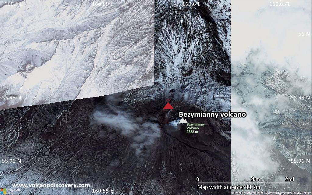 Satellite/aerial-type map of Bezymianny volcano (scale of approx. 10-20 km)