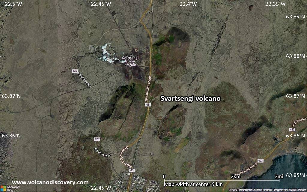 Satellite/aerial-type map of Svartsengi volcano (scale of approx. 10-20 km)