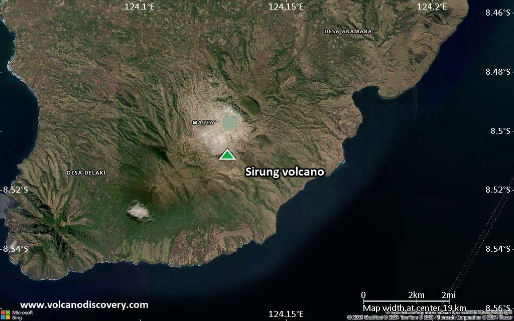 Satellite/aerial-type map of Sirung volcano (scale of approx. 10-20 km)