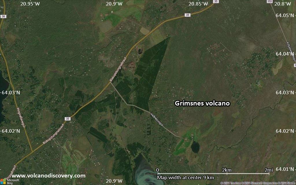 Satellite/aerial-type map of Grímsnes volcano (scale of approx. 10-20 km)