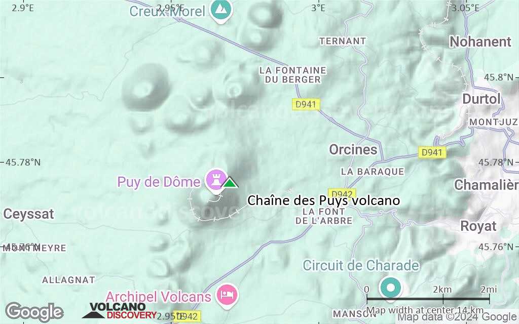 Terrain-type map of Chaîne des Puys volcano (scale of approx. 10-20 km)
