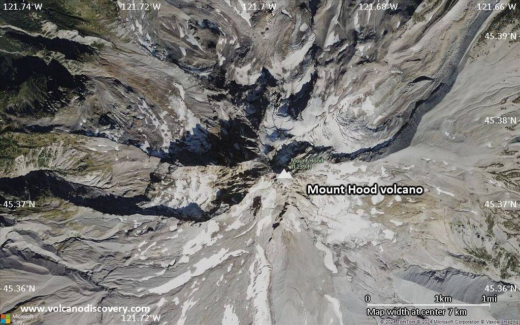 Satellite/aerial-type map of Mount Hood volcano (scale of 5-10 km)