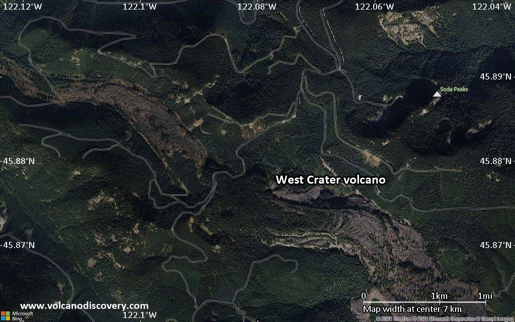 Satellite/aerial-type map of West Crater volcano (scale of 5-10 km)