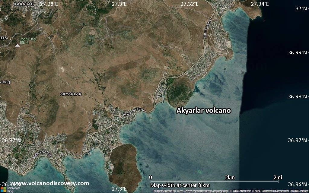 Satellite/aerial-type map of Akyarlar volcano (scale of 5-10 km)