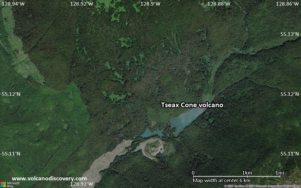 Satellite/aerial-type map of Tseax Cone volcano (scale of 5-10 km)