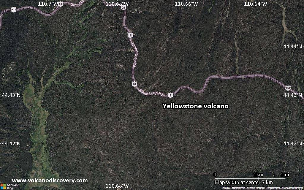 Satellite/aerial-type map of Yellowstone volcano (scale of 5-10 km)