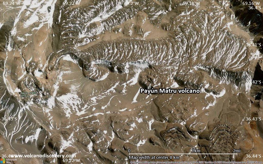 Satellite/aerial-type map of Payún Matru volcano (scale of 5-10 km)