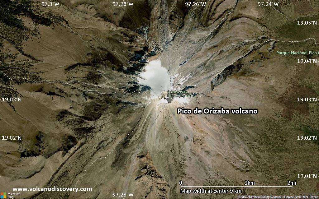 Satellite/aerial-type map of Pico de Orizaba volcano (scale of 5-10 km)