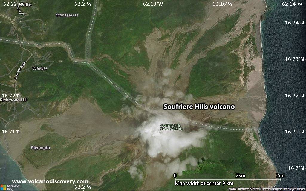 Satellite/aerial-type map of Soufriere Hills volcano (scale of 5-10 km)