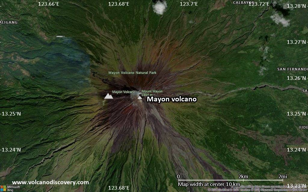 Satellite/aerial-type map of Mayon volcano (scale of 5-10 km)