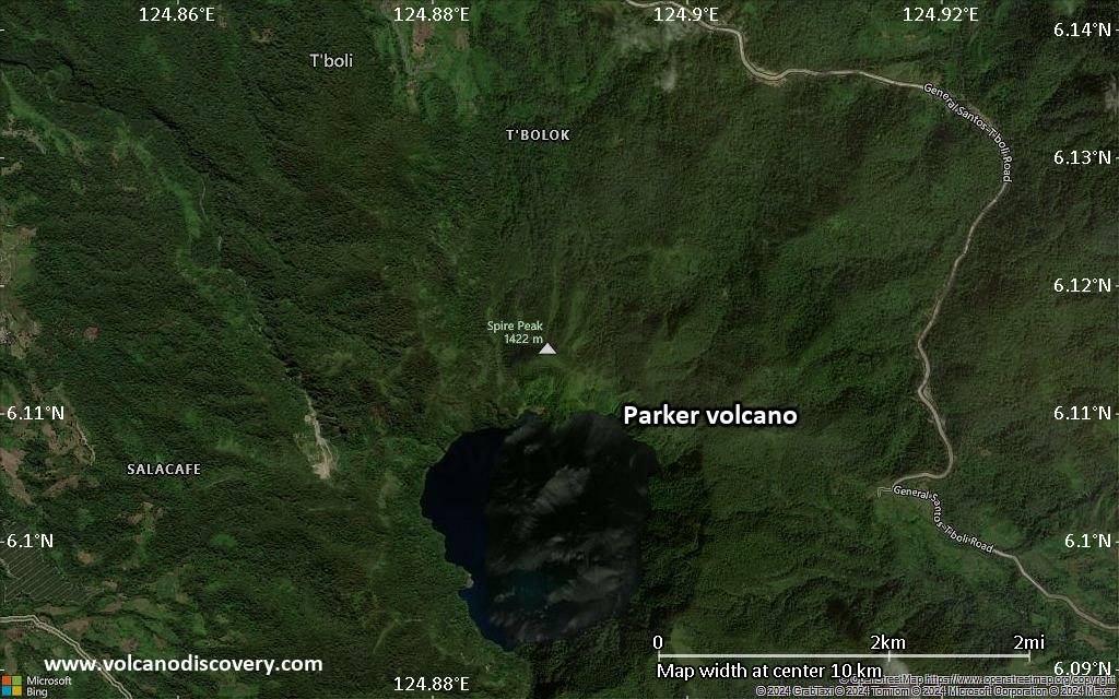 Satellite/aerial-type map of Parker volcano (scale of 5-10 km)