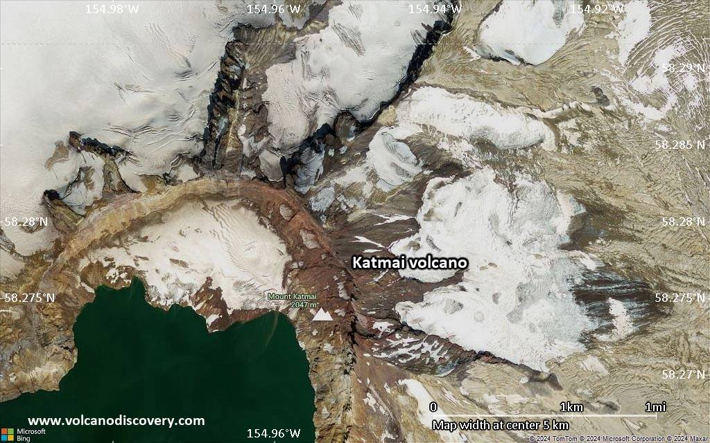 Satellite/aerial-type map of Katmai volcano (scale of 5-10 km)