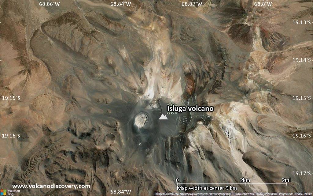 Satellite/aerial-type map of Isluga volcano (scale of 5-10 km)