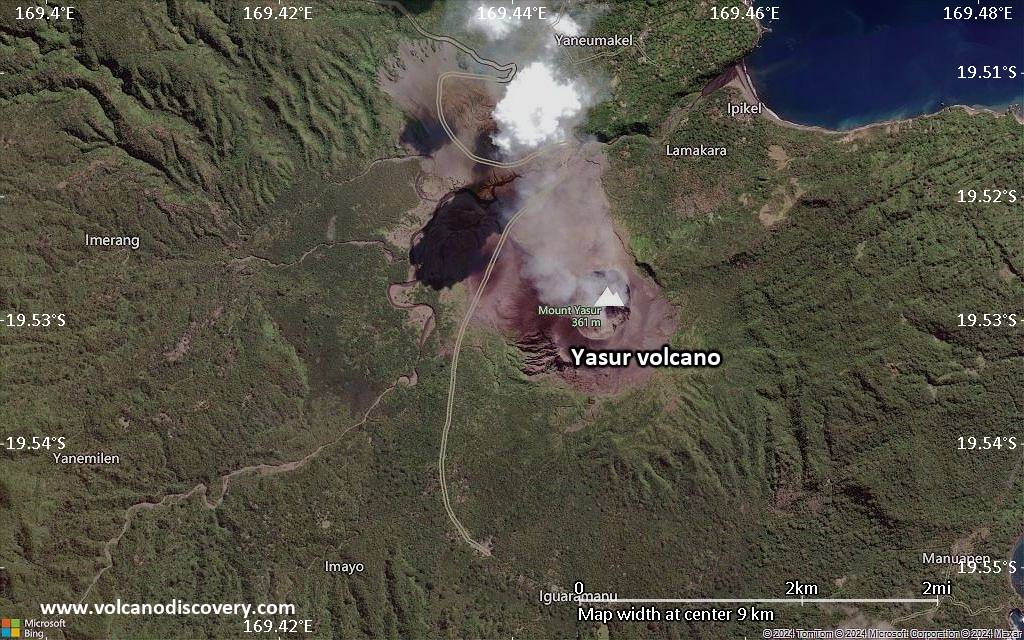 Satellite/aerial-type map of Yasur volcano (scale of 5-10 km)