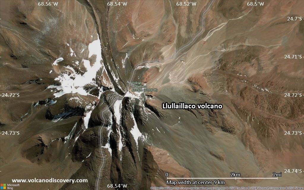 Satellite/aerial-type map of Llullaillaco volcano (scale of 5-10 km)