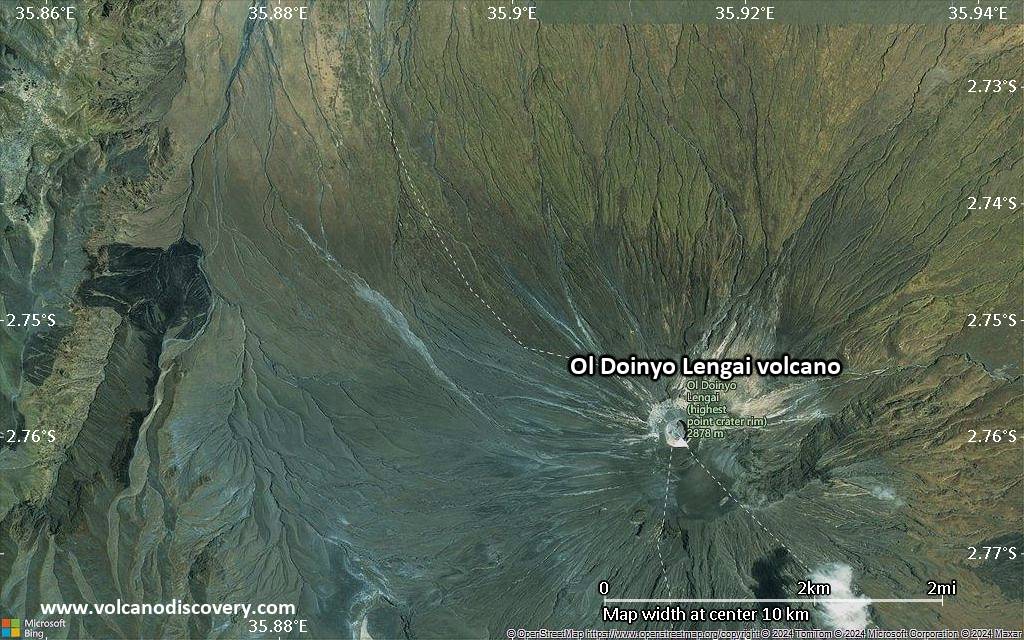 Satellite/aerial-type map of Ol Doinyo Lengai volcano (scale of 5-10 km)