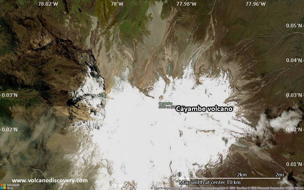 Satellite/aerial-type map of Cayambe volcano (scale of 5-10 km)