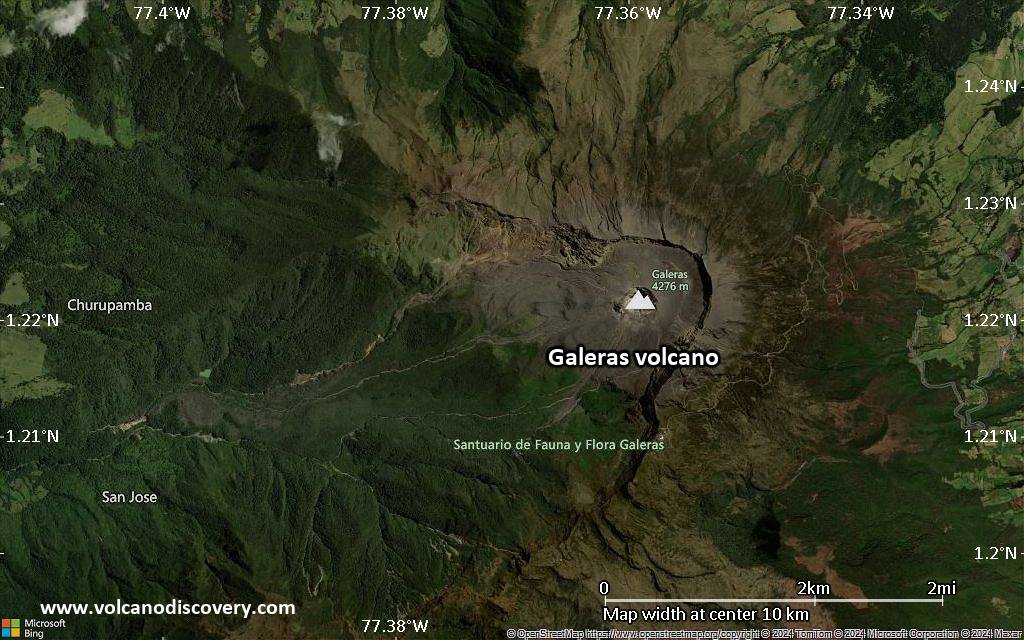 Satellite/aerial-type map of Galeras volcano (scale of 5-10 km)