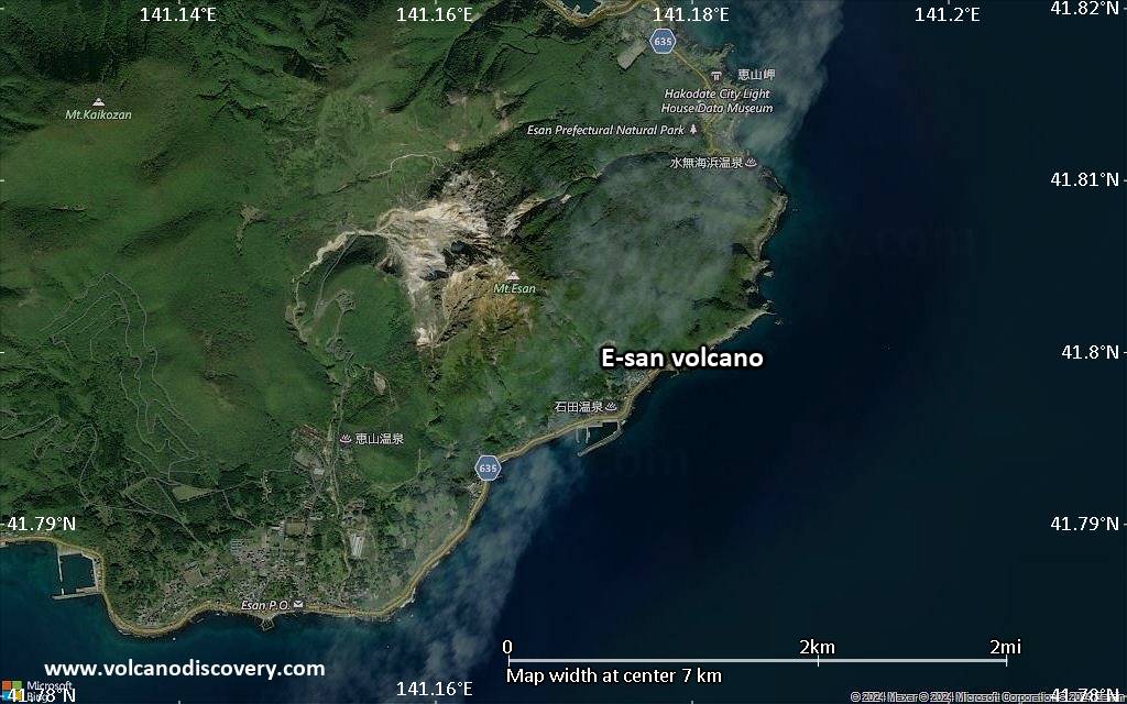 Satellite/aerial-type map of E-san volcano (scale of 5-10 km)